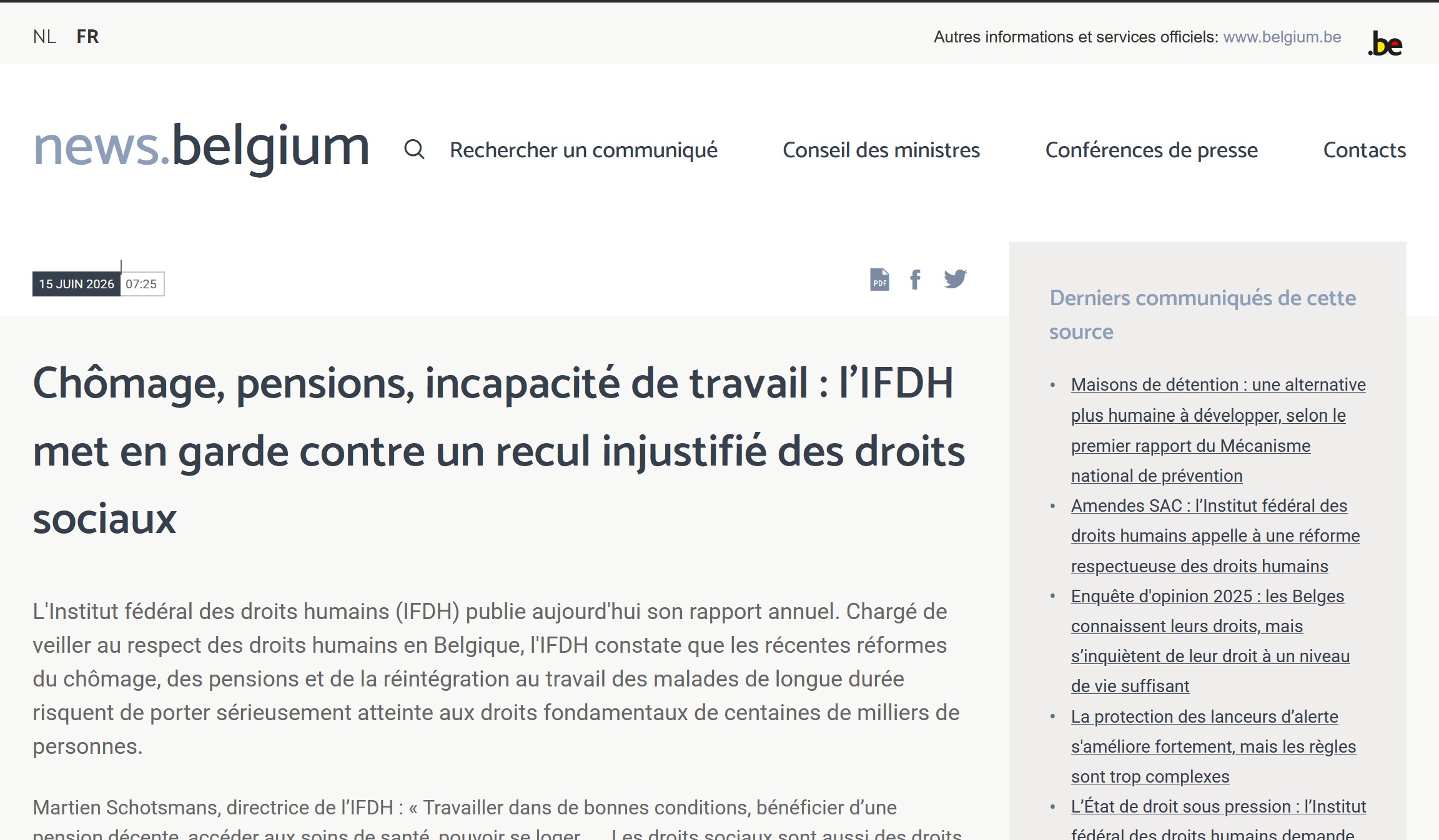 Chômage, pensions, incapacité de travail : l&rsquo;IFDH met en garde contre un recul injustifié des droits sociaux